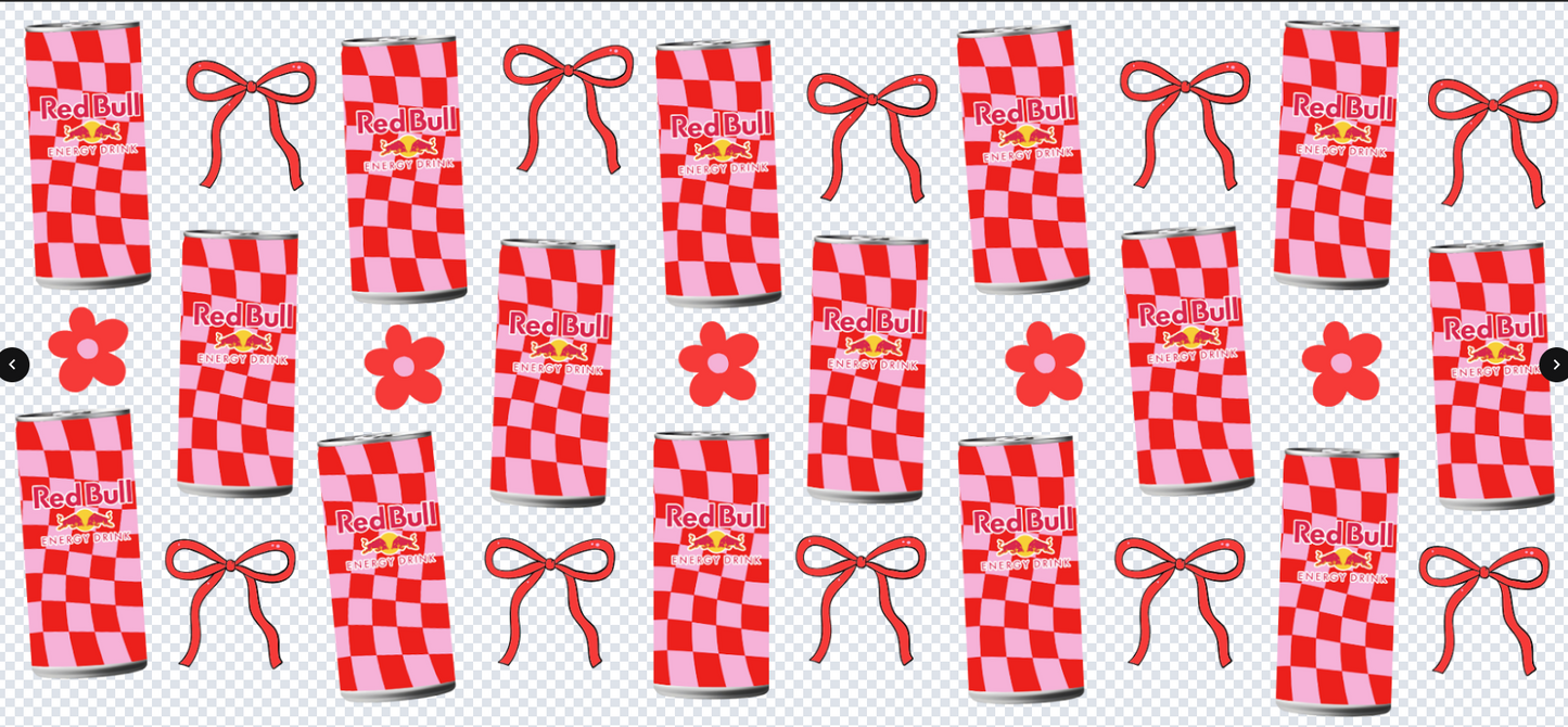 RED BULL CHECKERED WITH PINK BOWS UV DTF PHYSICAL PRODUCT