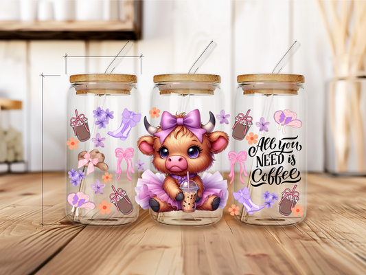 Cow with purple, pink bows, iced coffee uv dtf physical product