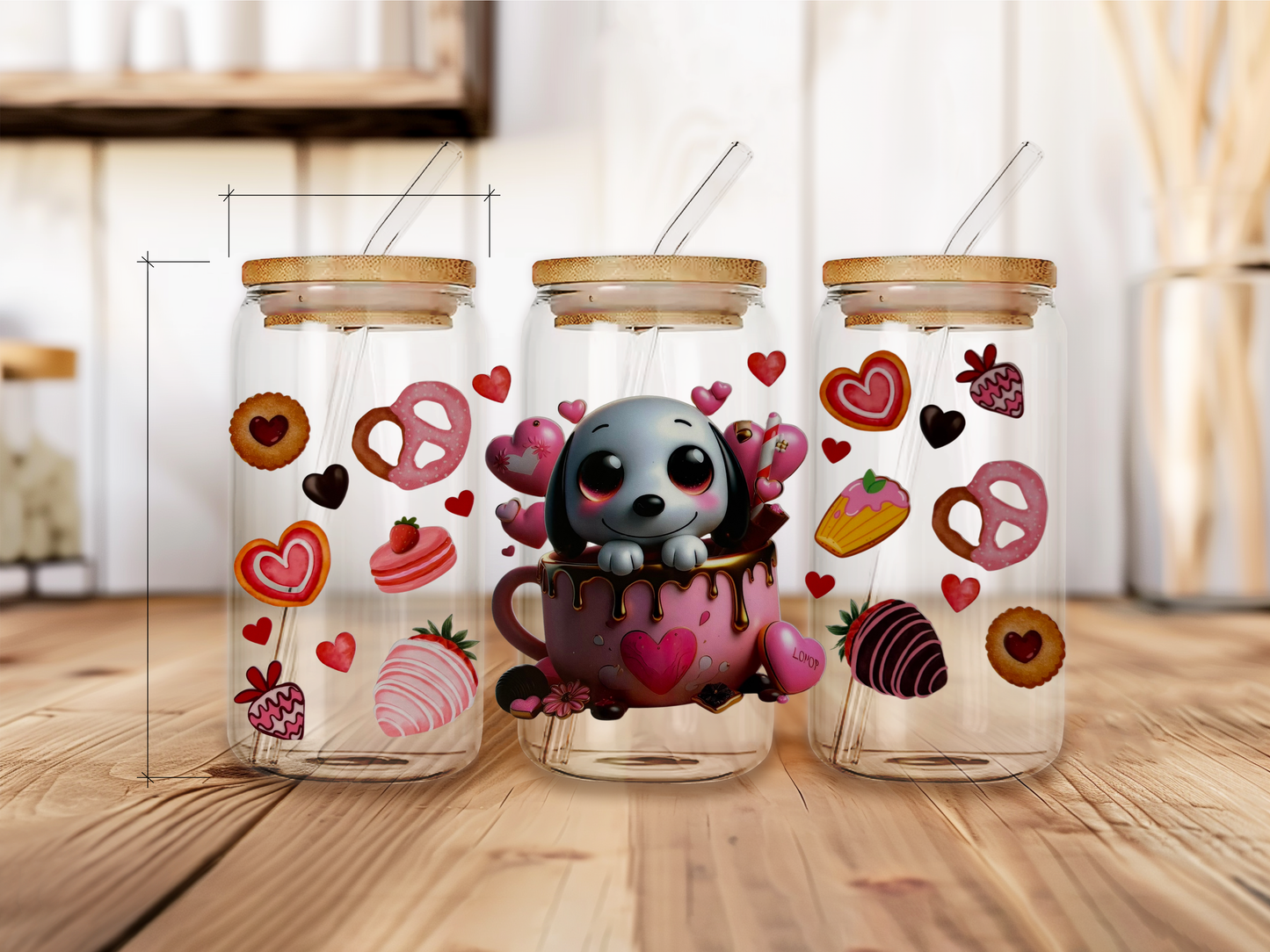 Snoopy in mug with hearts uv dtf physical product